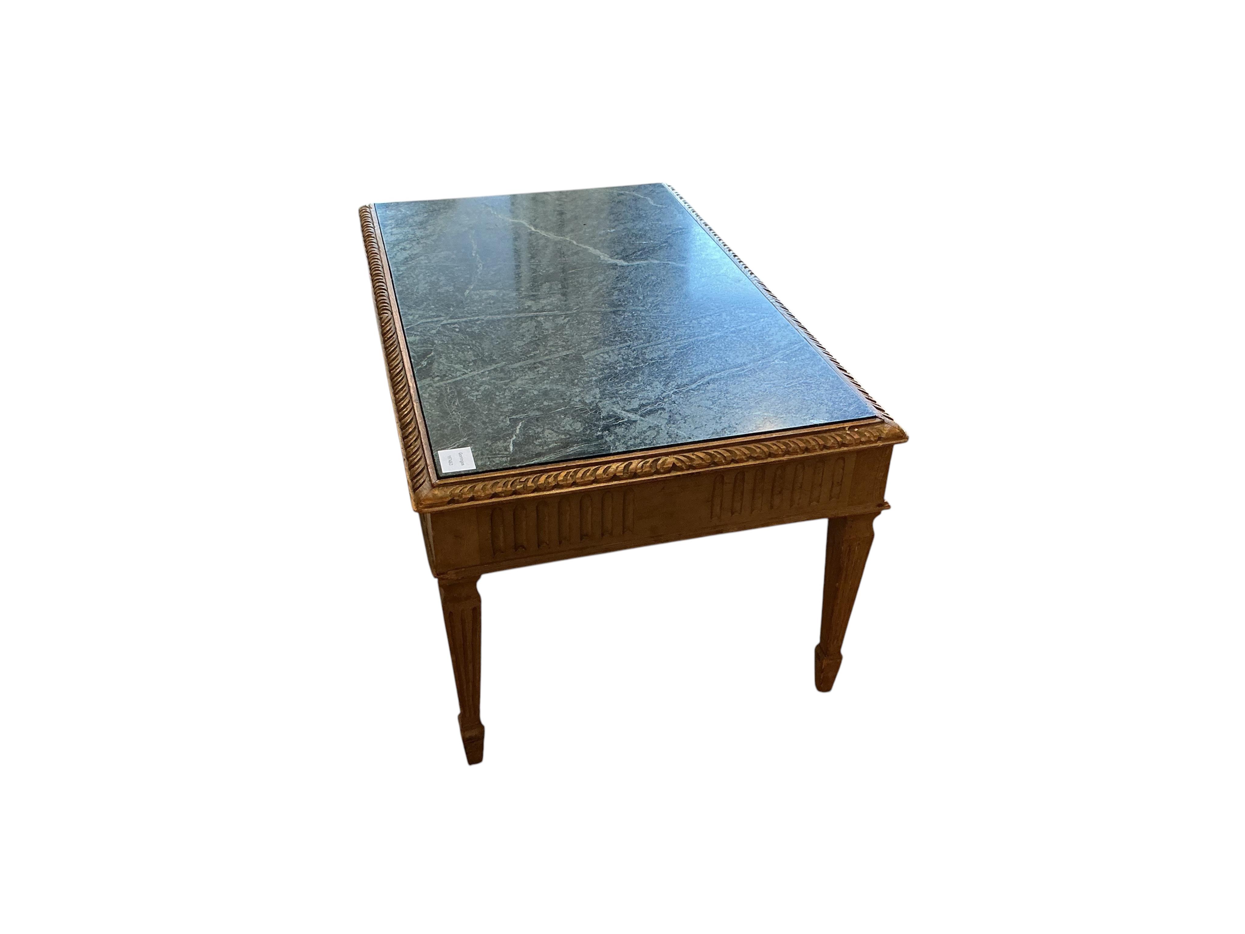 A rectangular marble top pine coffee table, width 81cm, depth 51cm, height 41cm